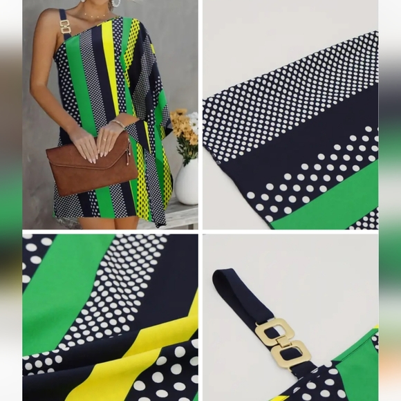 ❄️50% OFF❄️ Geo Print & Color Block Dress Asymmetrical Chain Strap XL - Picture 4 of 9